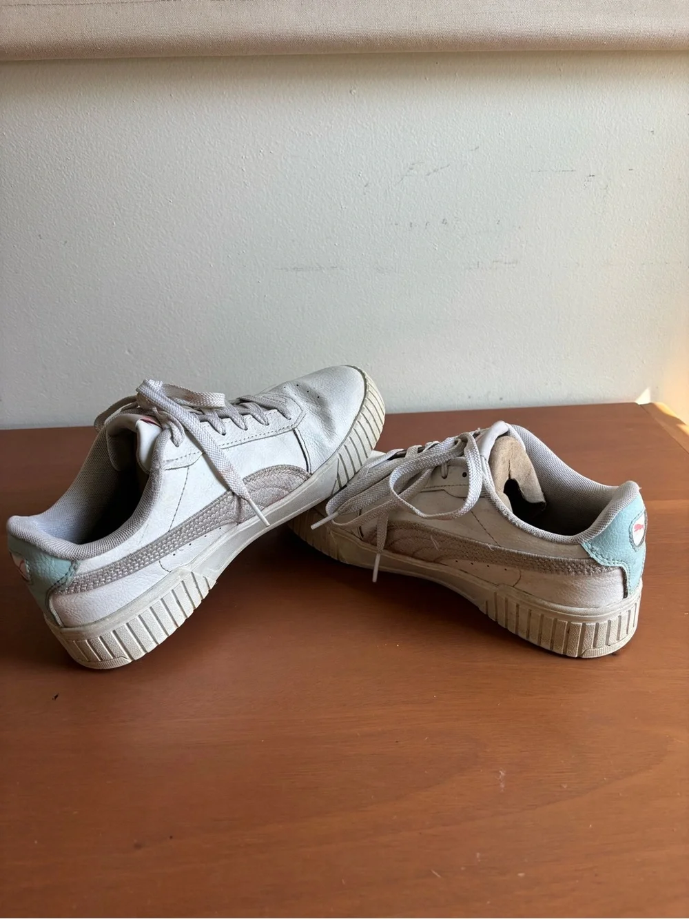 Puma Platform Sneakers in White with Light Pink and Blue Accents